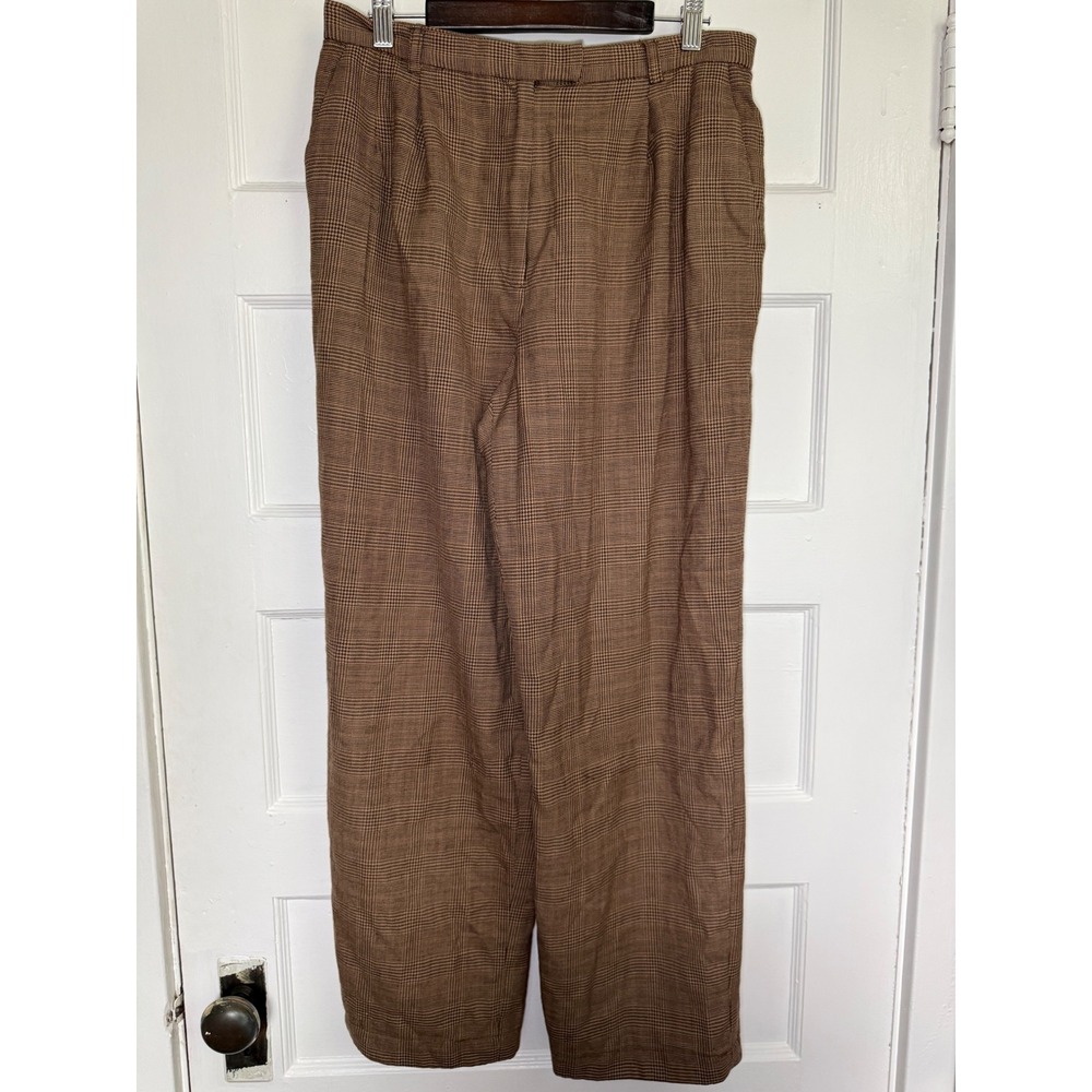 Rafaella Vintage 100% Pure Wool Plaid Wide Leg Trousers Brown Pleated Pants